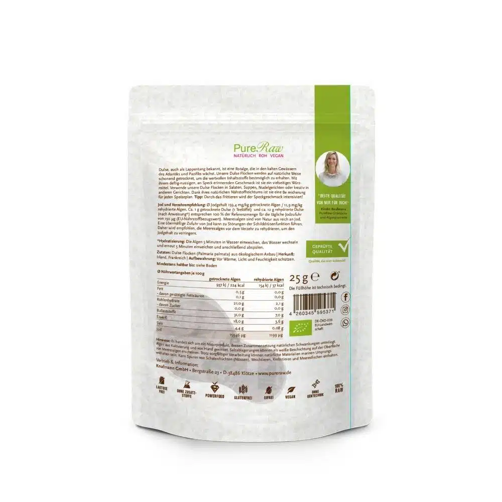 Dulse Flocken, Palmaria palmata, getrocknete Meeresalgen (Bio & Roh) 25 g