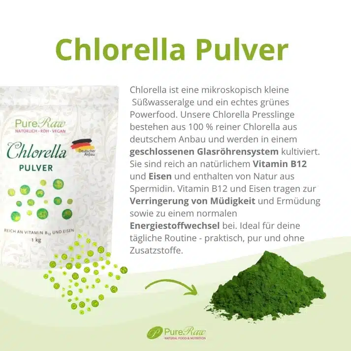 Chlorella Pulver (Roh) aus Deutschland, Glasröhrensystem-Anbau (reich an natürlichem Vitamin B12 und Eisen) 120 g