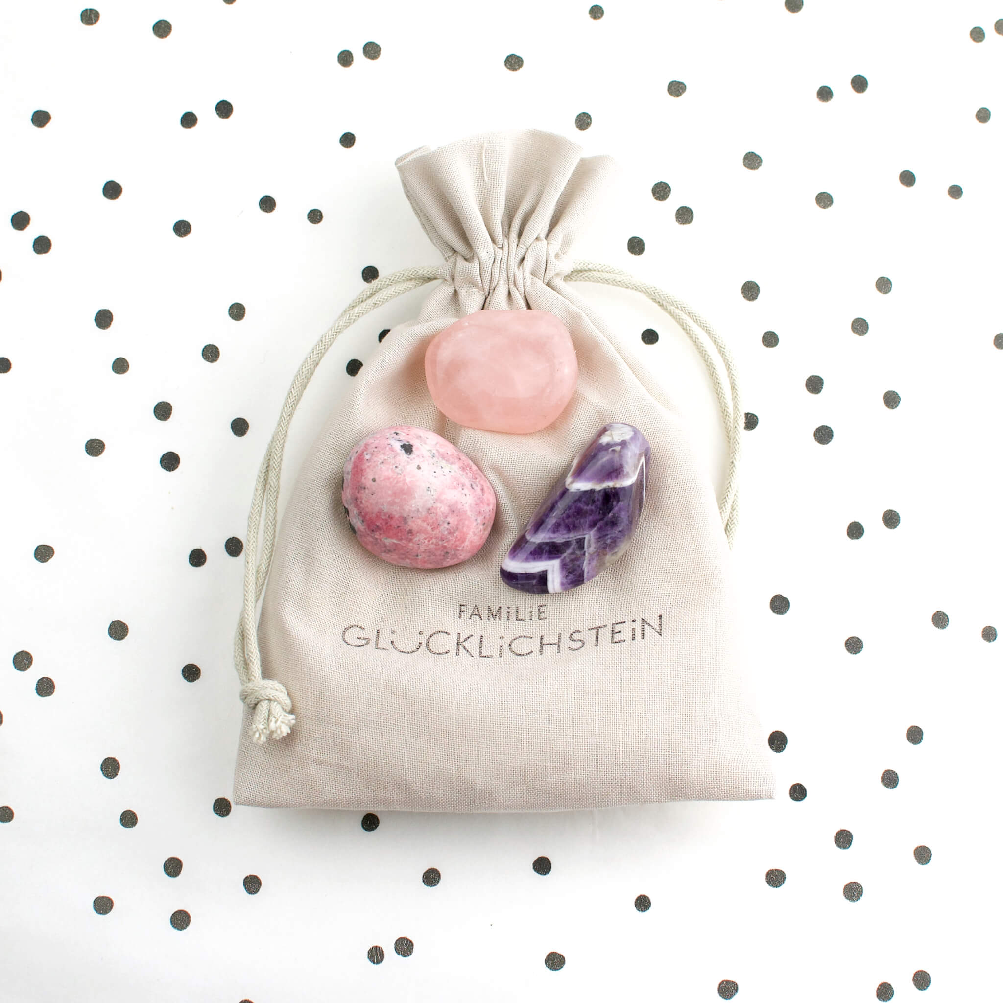Set aus Rosenquarz, Rhodonit, Amethyst "Team Liebe und Trost"