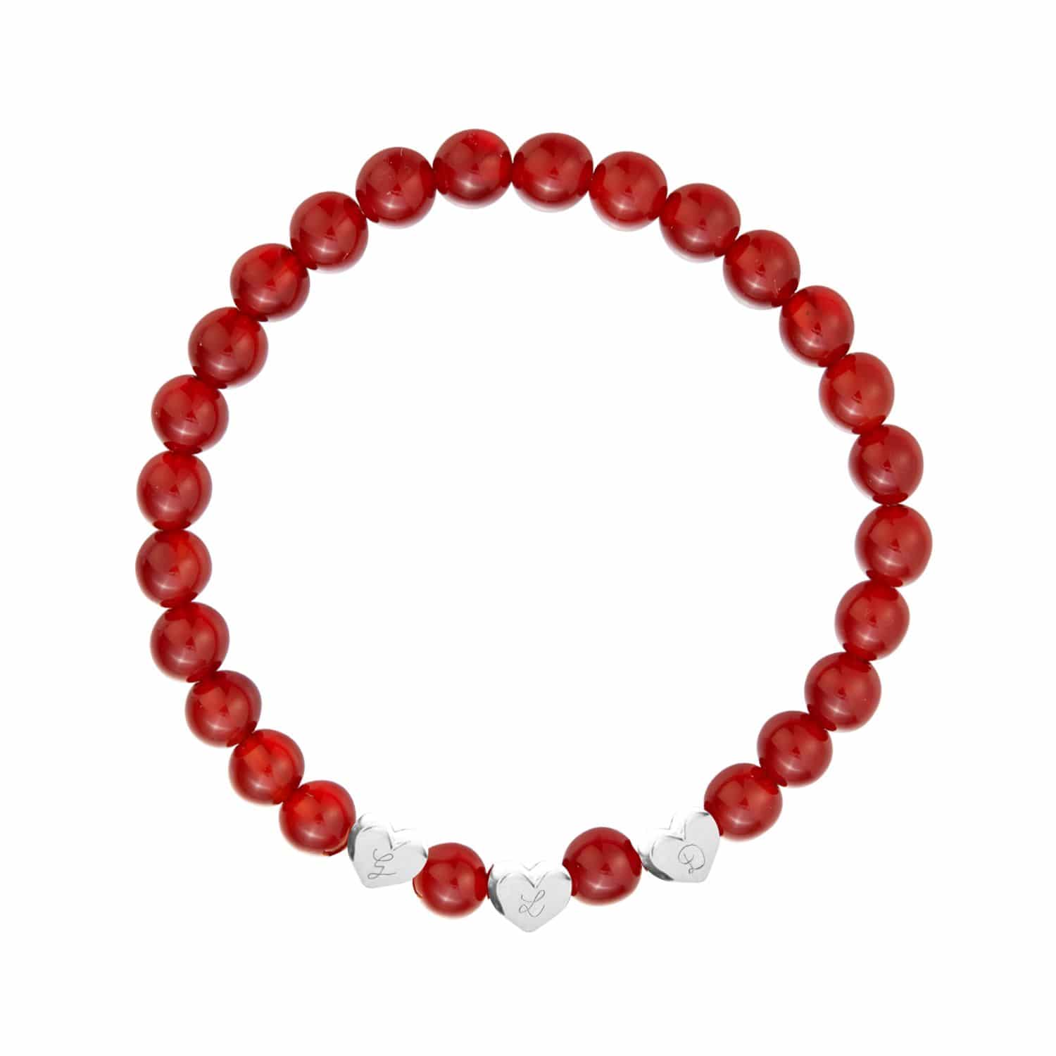 Personalisiertes Halbedelsteinarmband mit herzförmigen Beads in 925er Sterlingsilber, Rot