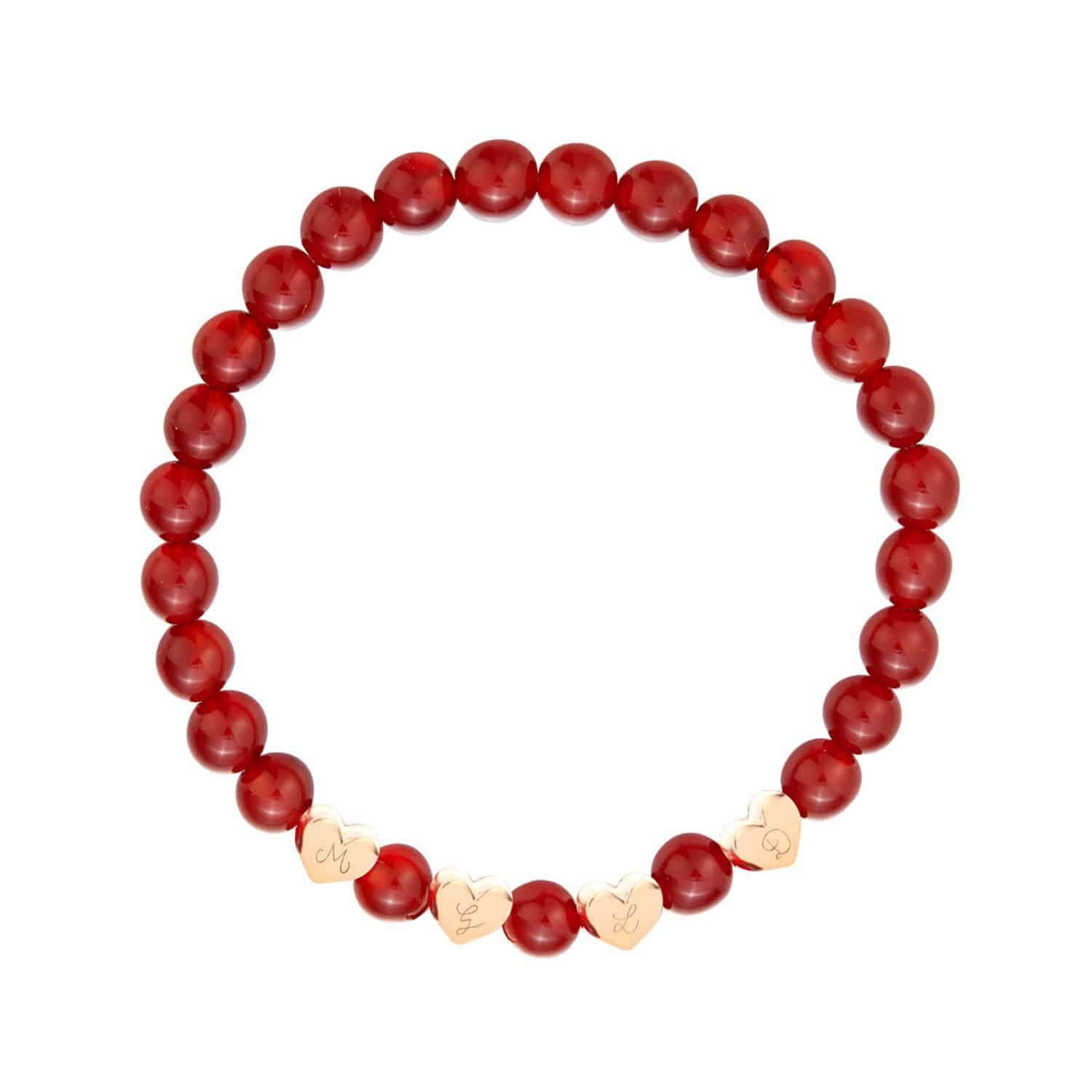 Personalisiertes Halbedelsteinarmband mit herzförmigen Beads in 18kt Vergoldung, Rot