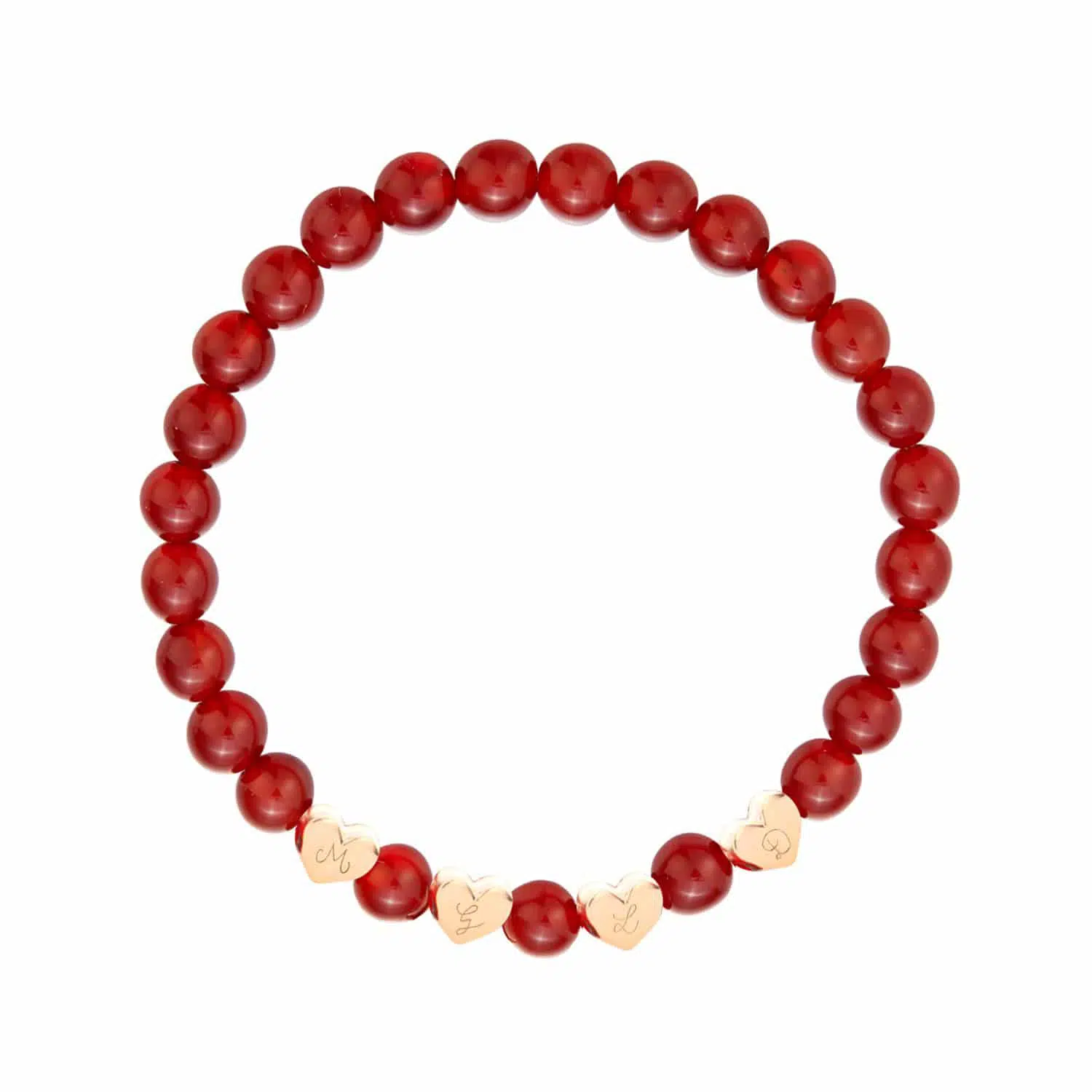 Personalisiertes Halbedelsteinarmband mit herzförmigen Beads in 18kt Vergoldung, Rot