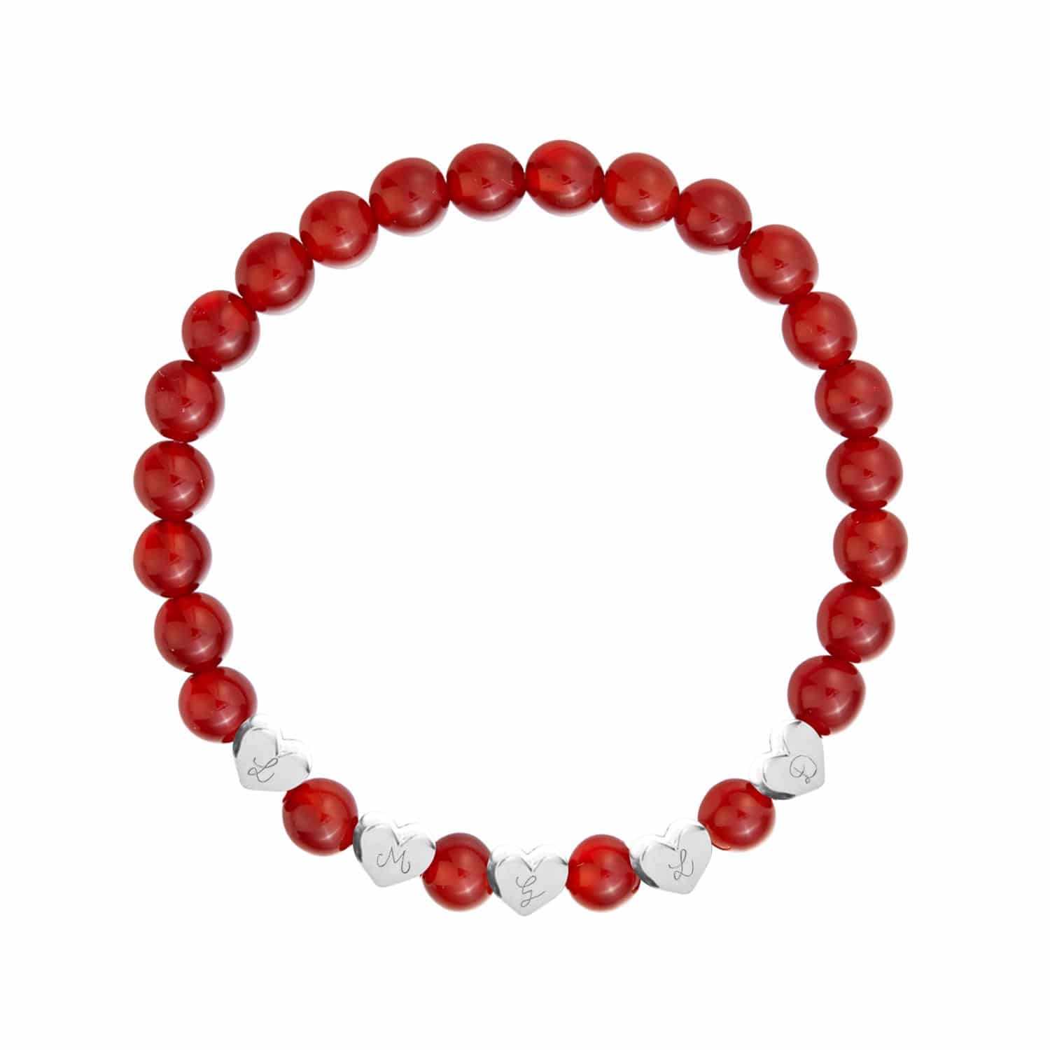 Personalisiertes Halbedelsteinarmband mit herzförmigen Beads in 925er Sterlingsilber, Rot