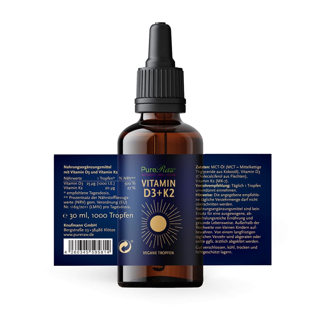 Vitamin D3 + K2 Tropfen, Nahrungsergänzungsmittel vegan, 30 ml