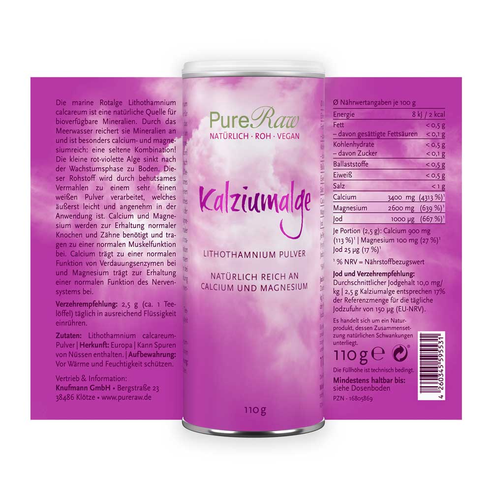 Kalziumalge, Lithothamnium Pulver (Roh), natürlich reich an Calcium und Magnesium, zum Backen oder Mixen, 110 g