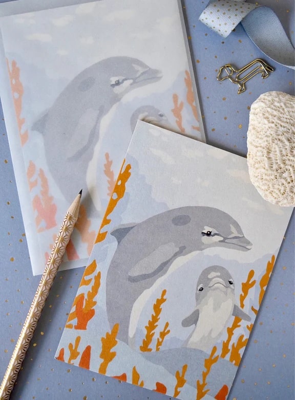 Postkarte Kunstdruck, Delfinmama und Baby