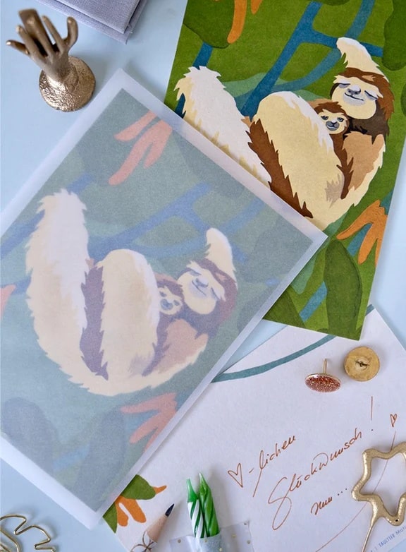 Postkarte Kunstdruck, Faultier und Baby