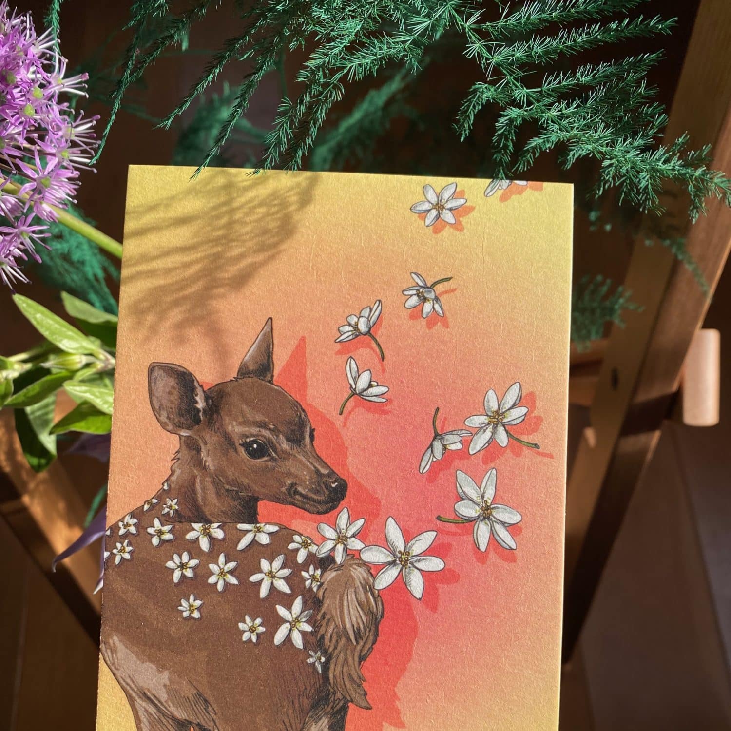 Postkarte Bambi "BINJA" mit Blümchen von illi