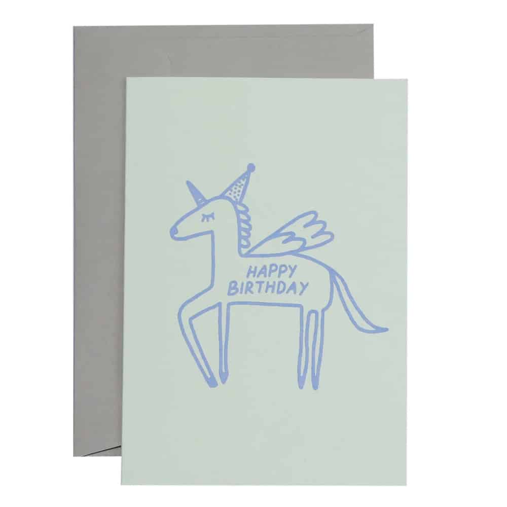 Klappkarte, Happy Birthday Einhorn in Mint/Blau