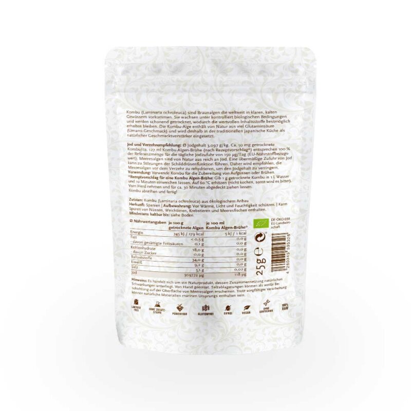 Kombu *Laminaria ochroleuca*, getrocknete Algen (Bio & Roh), 25g