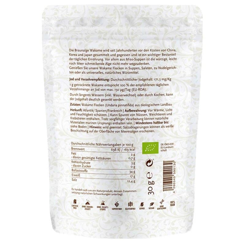 Wakame Flocken *Undaria pinnatifida*, getrocknete Algen (Bio & Roh) 30g