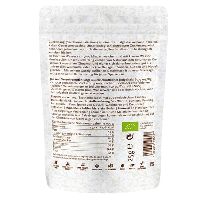 Zuckertang *Saccharina latissima*, getrocknete Algen (Bio & Roh) 25g